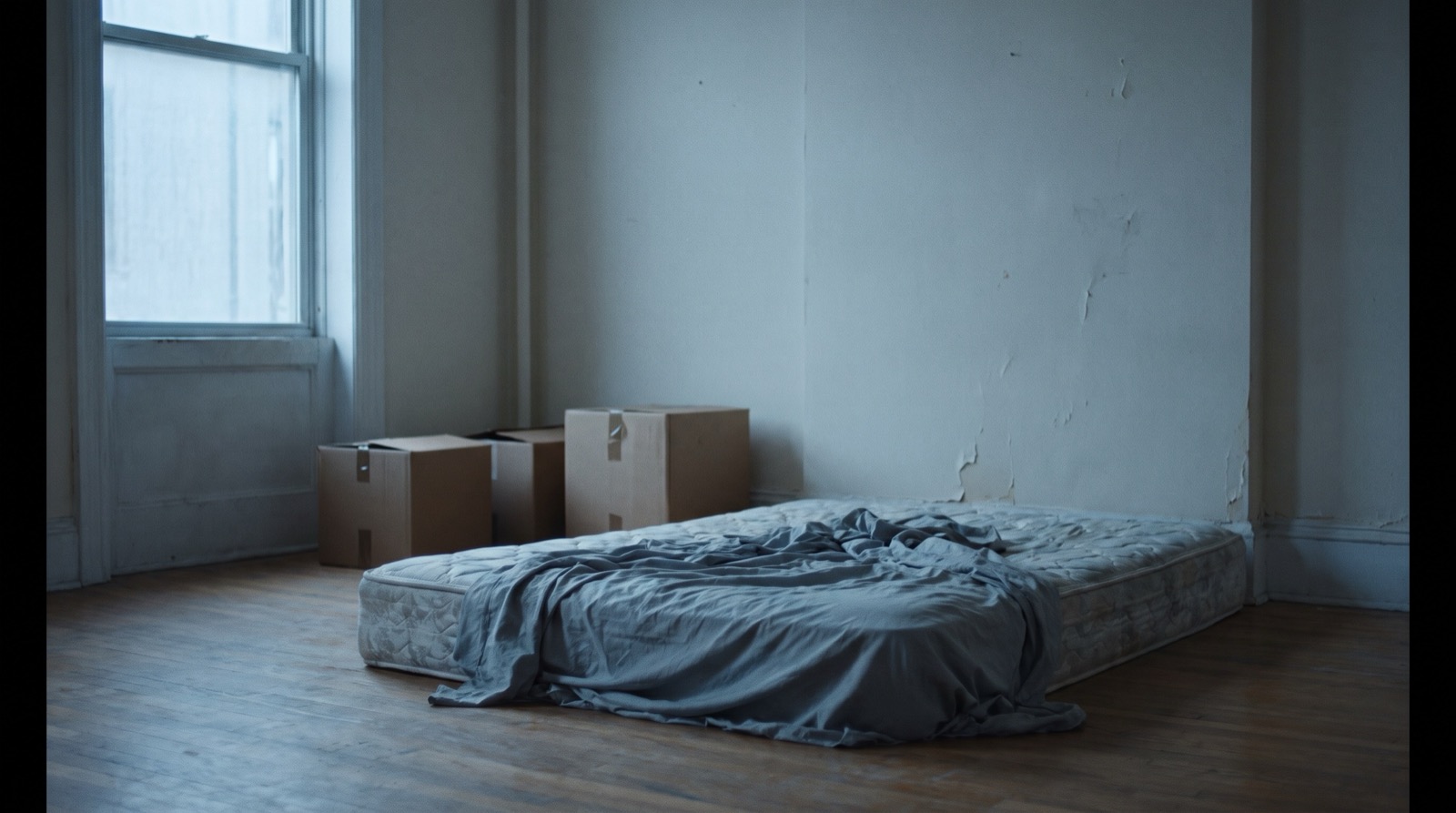 A bare apartment with a mattress on the floor and moving boxes
