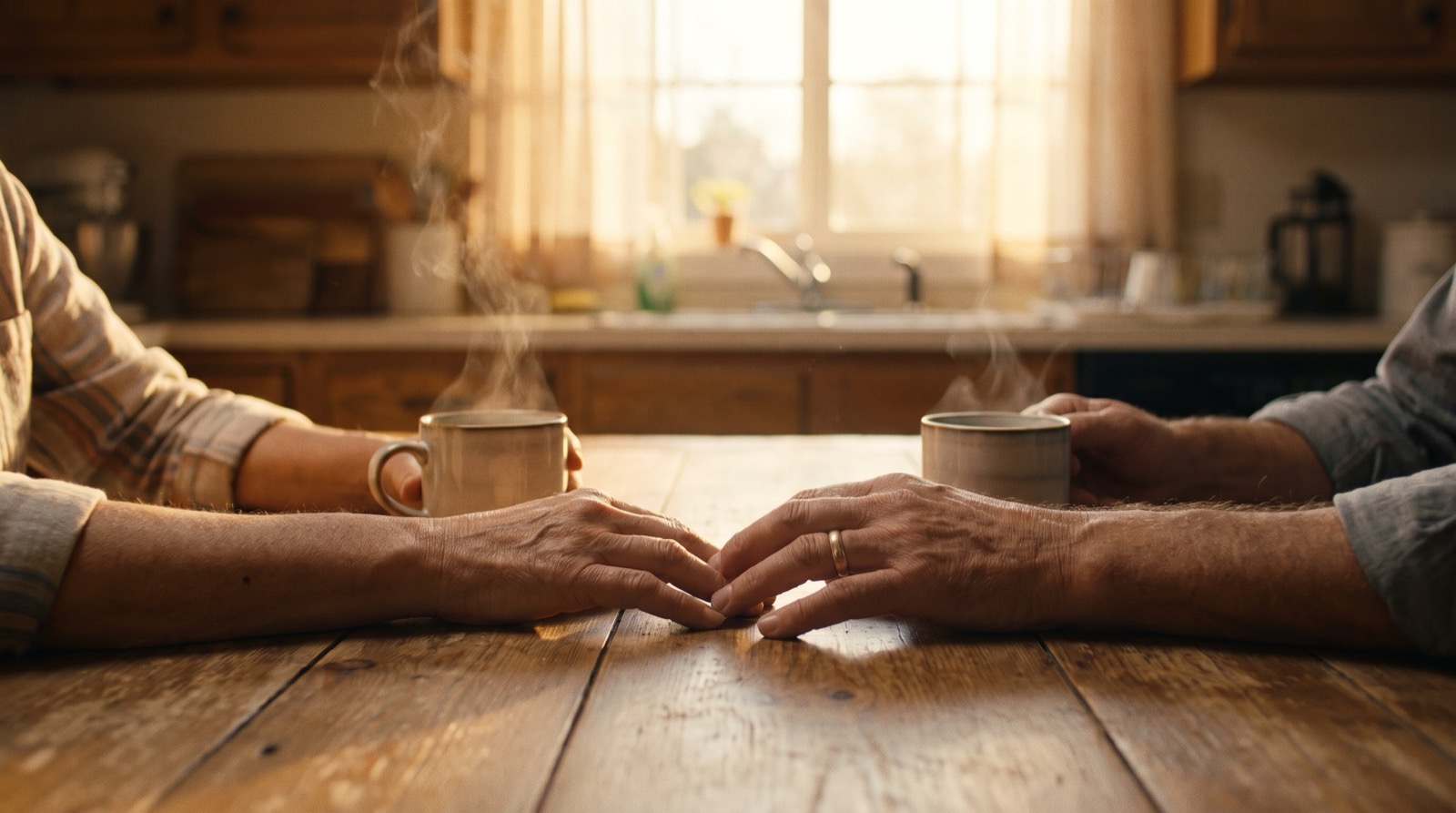 Two hands almost touching across a kitchen table in warm morning light